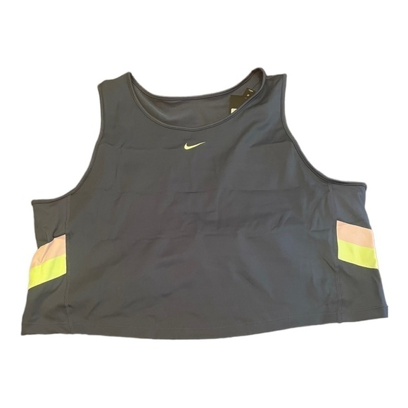 nike COLOR-BLOCK STRIPE CROPPED TRAINING TANK IN DARK TEAL GREEN,LIME GLOW - Picture 3 of 13